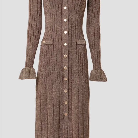 Rachel Parcell Brown and Gold Ribbed V-Neck Sweater Dress - Picture 3 of 4